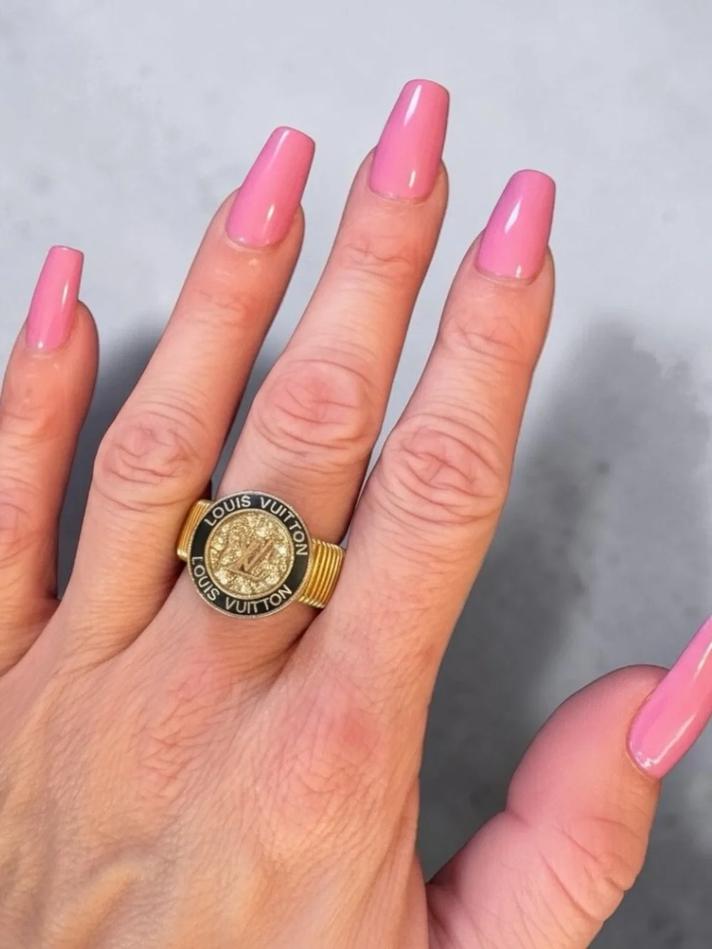 Gold & Black Upcycled Louis Vuitton Button LV Logo Ring